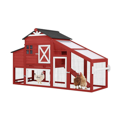 Large 73-Inch Portable Chicken Coop by SAKSBY Wholesale, red wooden coop with white trim, wheels, nesting box, and chickens on Tampa Home & Garden Store