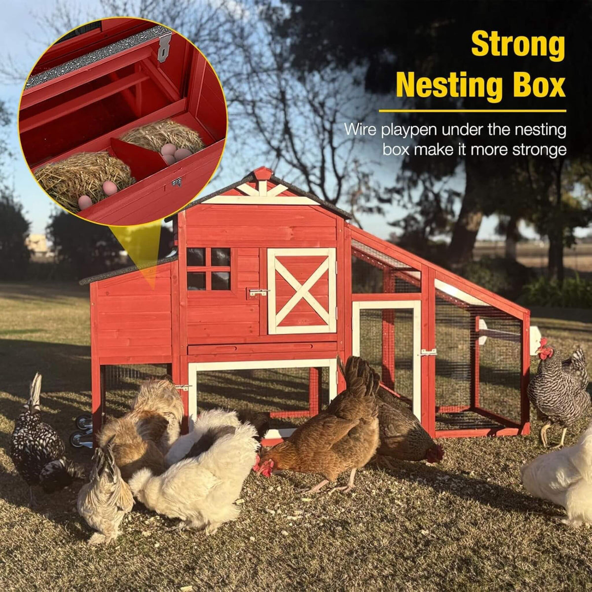Large 73-Inch red portable chicken coop with wheels and nesting box by SAKSBY WHOLESALE on Tampa Home & Garden Store
