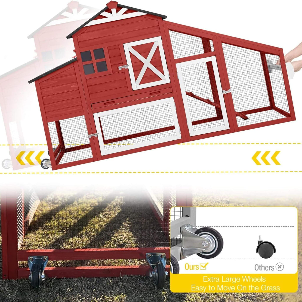 Large 73-inch portable chicken coop with wheels and nesting box red with white trim on Tampa Home & Garden Store