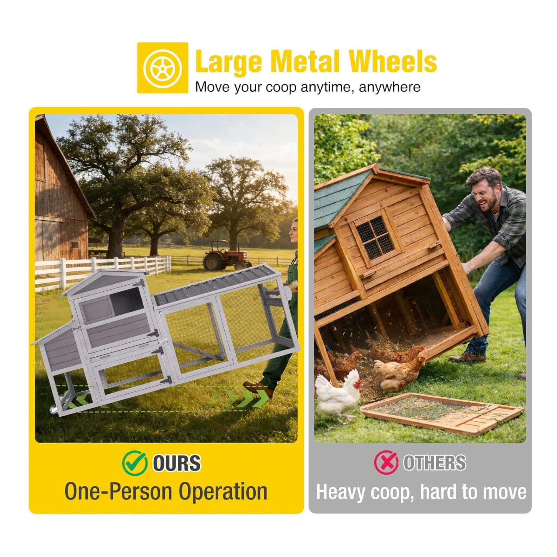 Large 83-inch mobile wooden chicken coop with nesting box and wheels for 4–6 chickens by SAKSBY on Tampa Home & Garden Store