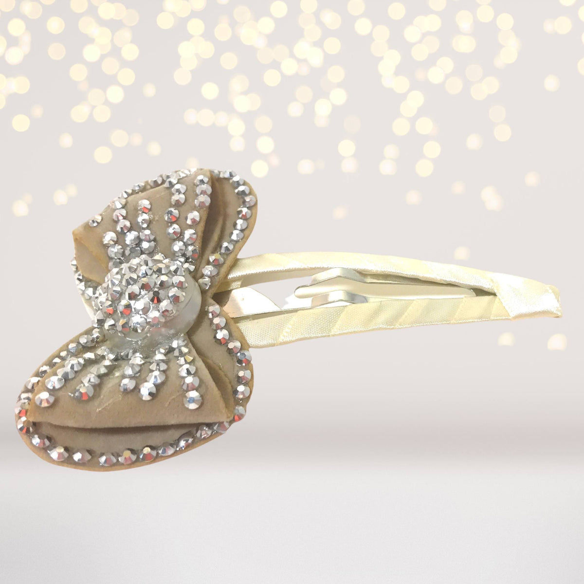 Large Bling Bow Snappy Clip hair clip with rhinestone-covered beige bow on a metal clip on Tampa Home & Garden Store