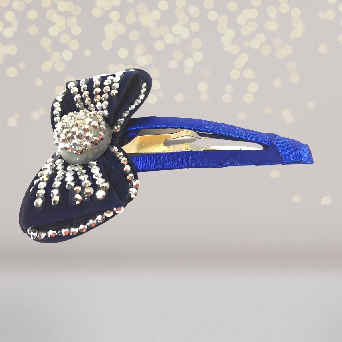 Large Bling Bow Snappy Clip navy blue ribbon bow with rhinestones on snap clip on Tampa Home & Garden Store