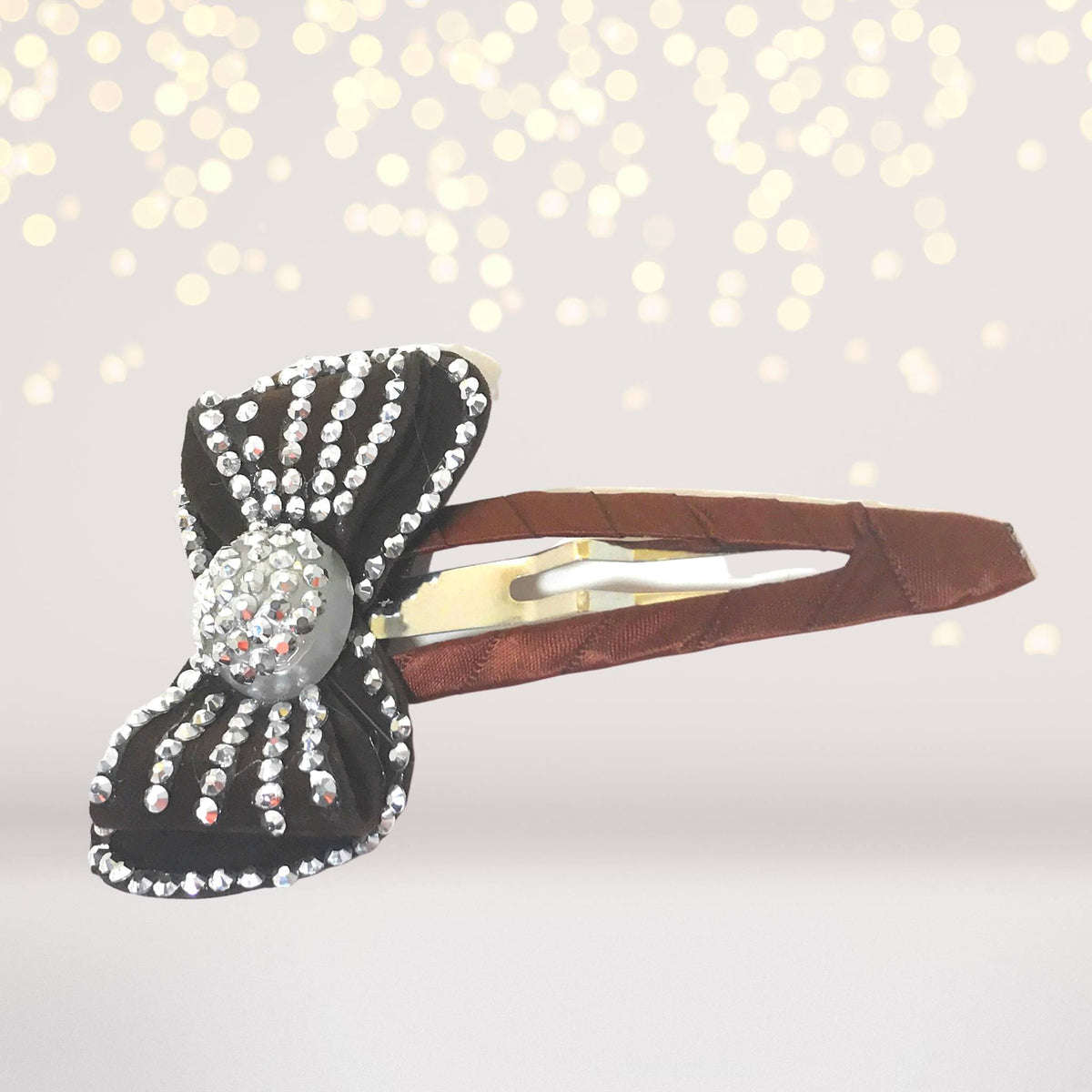 Large Bling Bow Snappy Clip by Chicky Chicky Bling Bling; black rhinestone bow on metal clip on Tampa Home & Garden Store