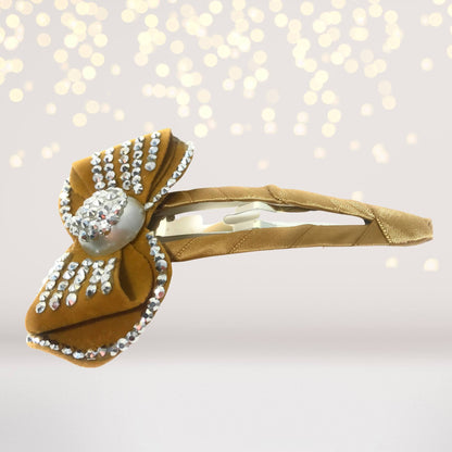 Large bling bow snappy clip hair accessory with gold-toned bow and rhinestones on Tampa Home & Garden Store