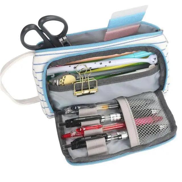 Large capacity Stevvex pencil case in blue striped fabric with multiple compartments on Tampa Home & Garden Store