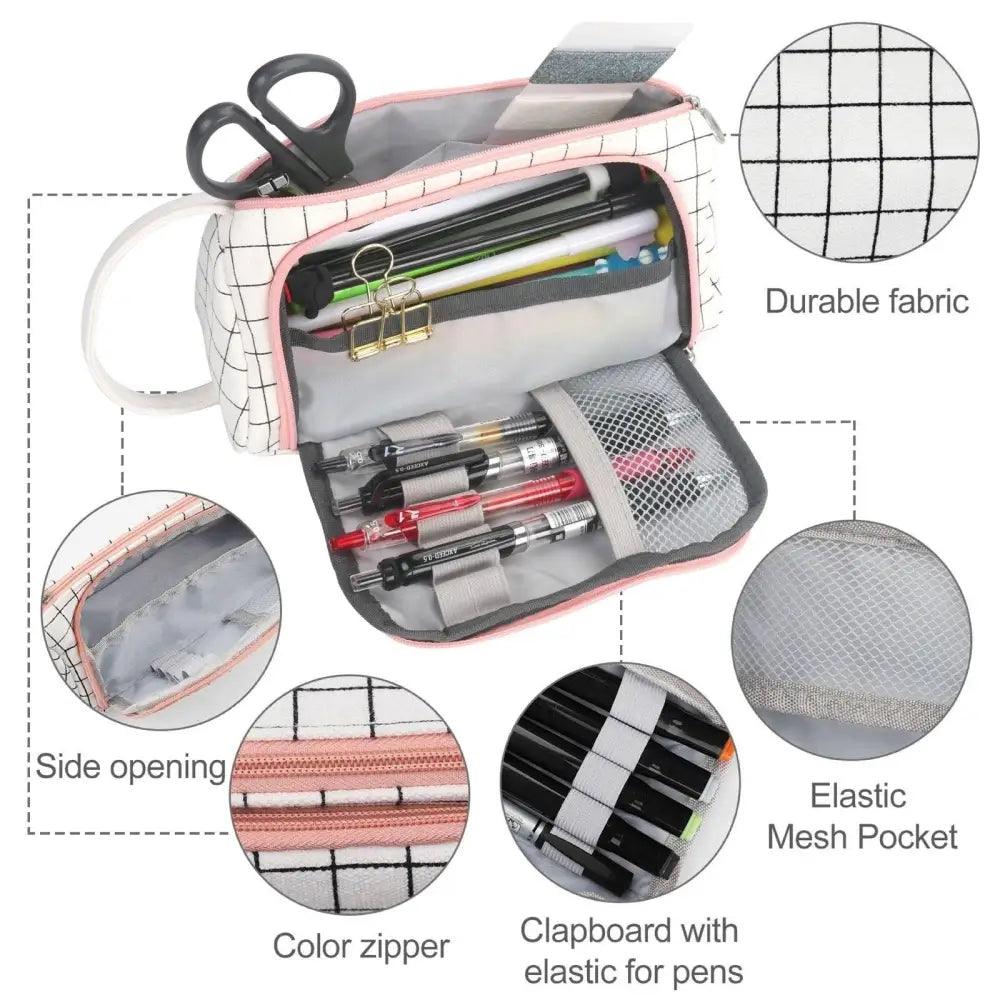 Stevvex large capacity pencil case in pink grid fabric with zipper and mesh pocket for pens on Tampa Home & Garden Store
