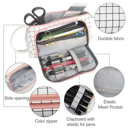 Stevvex large capacity pencil case in pink grid fabric with zipper and mesh pocket for pens on Tampa Home & Garden Store
