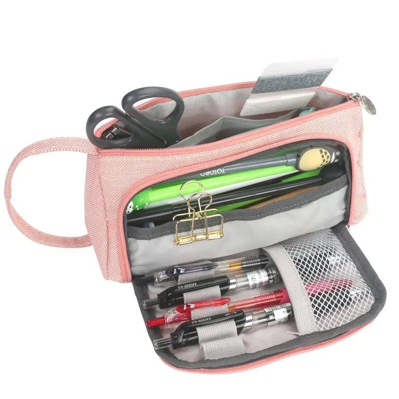 Pink large-capacity pencil case with multiple compartments and pens organized inside on Tampa Home & Garden Store