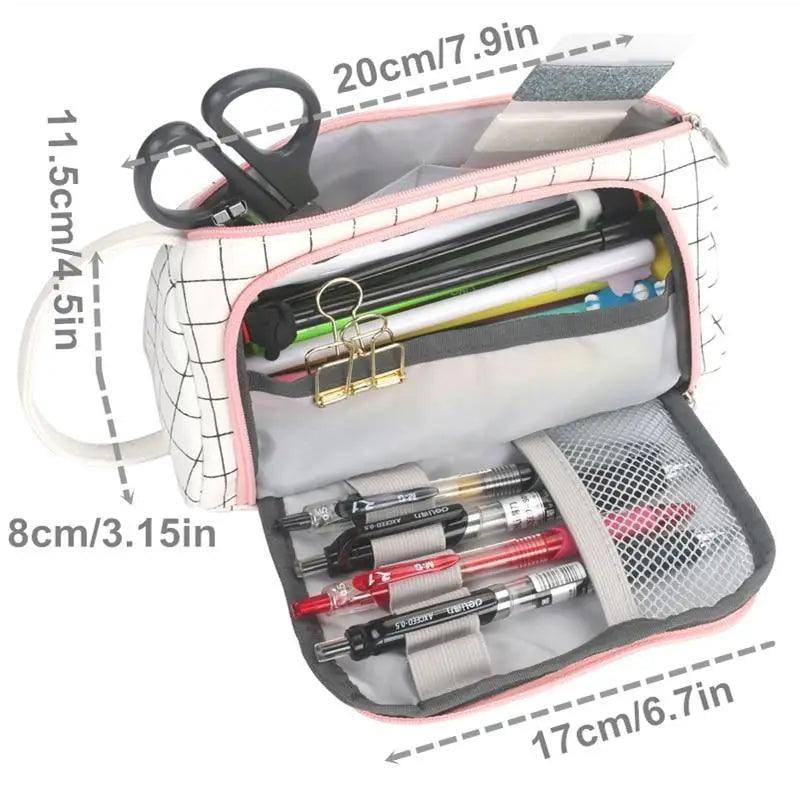 Stevvex large capacity pencil case with pink zipper grid print open view shows pens on Tampa Home & Garden Store