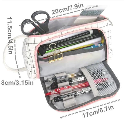 Stevvex large capacity pencil case with pink zipper grid print open view shows pens on Tampa Home & Garden Store
