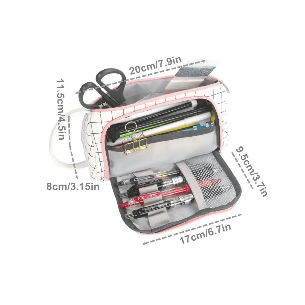 Stevvex large capacity pencil case for school with pink grid print and multiple compartments on Tampa Home & Garden Store
