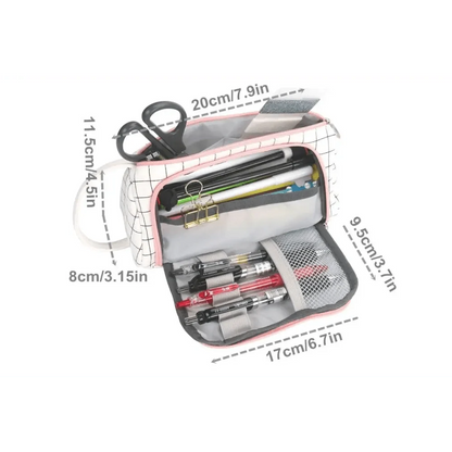 Stevvex large capacity pencil case for school with pink grid print and multiple compartments on Tampa Home & Garden Store