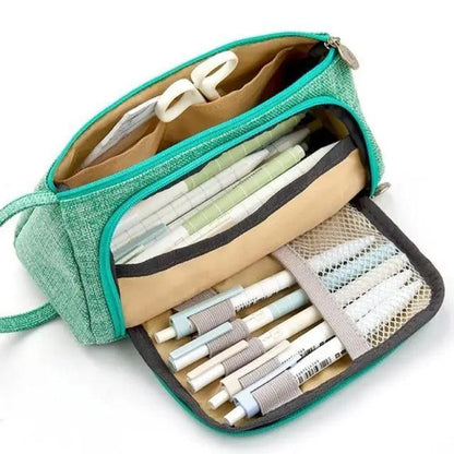Stevvex large capacity pencil case teal fabric with multiple compartments and pens on Tampa Home & Garden Store