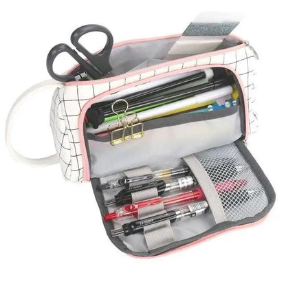 Stevvex large capacity pencil case with vintage grid print open to reveal pens and scissors on Tampa Home & Garden Store