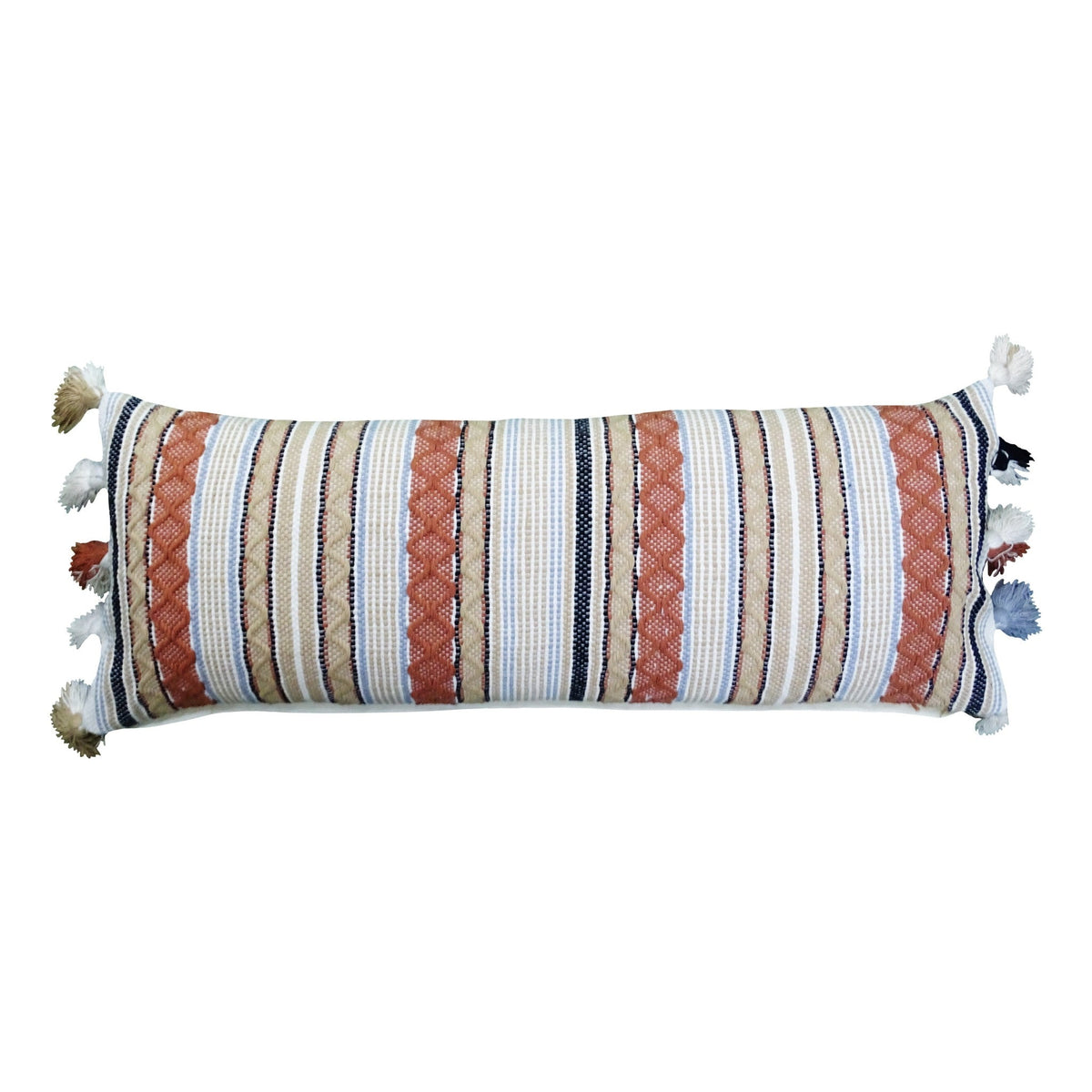 Large decorative accent throw pillow 14x40 with striped woven pattern and tassel corners on Tampa Home & Garden Store