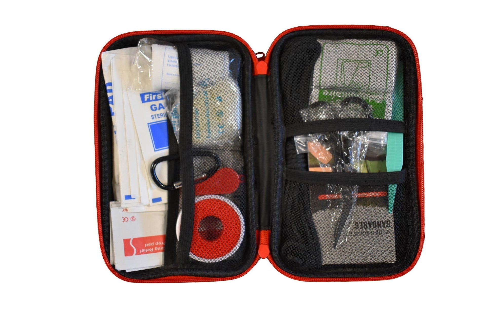 First Aid Kit River Country Gear red zip case with gauze, bandages, scissors in net pockets on Tampa Home & Garden Store