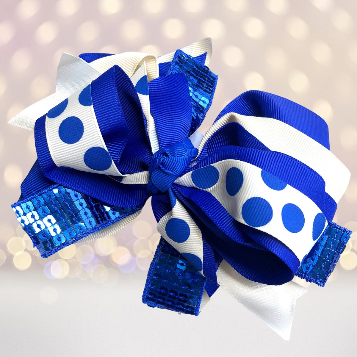 Large Sequin Boutique Hair Bow with blue polka dot ribbons by Chicky Chicky Bling Bling on Tampa Home & Garden Store