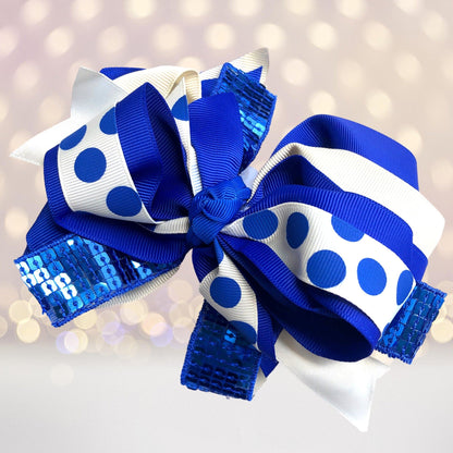 Large Sequin Boutique Hair Bow with blue polka dot ribbons by Chicky Chicky Bling Bling on Tampa Home & Garden Store