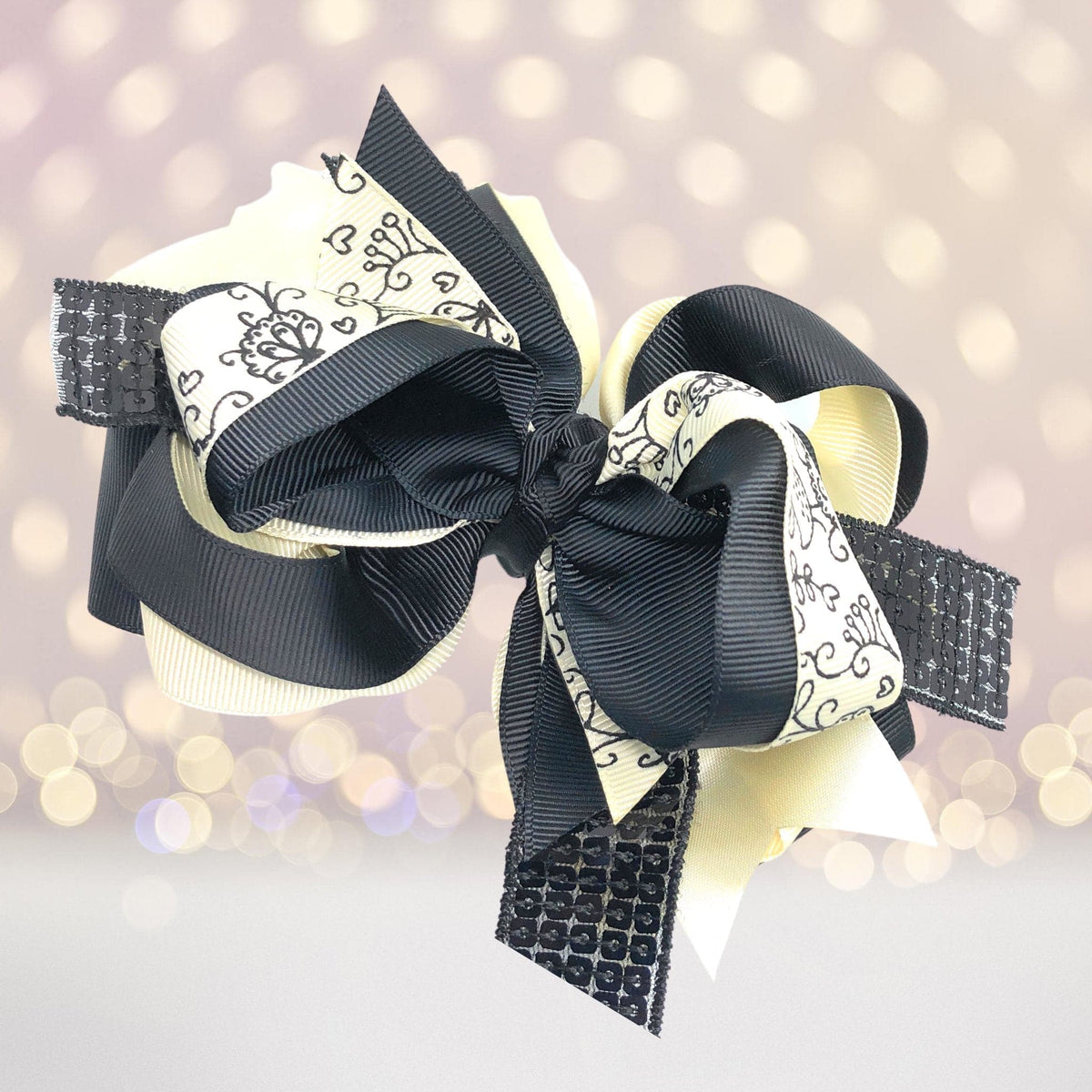 Large Sequin Boutique Hair Bow with black grosgrain and ivory ribbons on Tampa Home & Garden Store