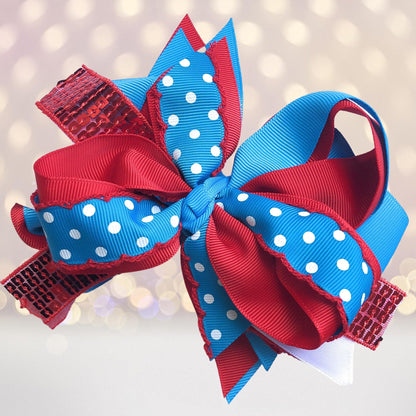 Large Sequin Boutique Hair Bow blue polka dot ribbon with red edges by Chicky Chicky Bling Bling on Tampa Home & Garden Store