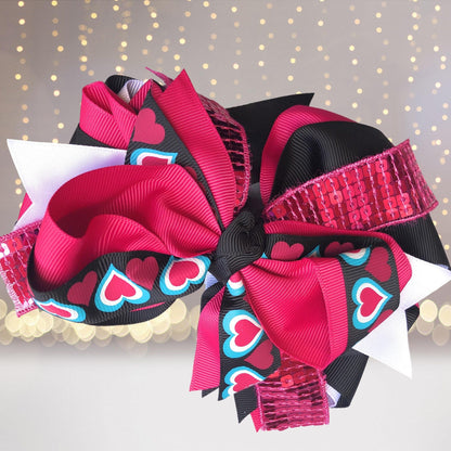 Large Sequin Boutique Hair Bow with hot pink, black and white ribbons with teal hearts on Tampa Home & Garden Store