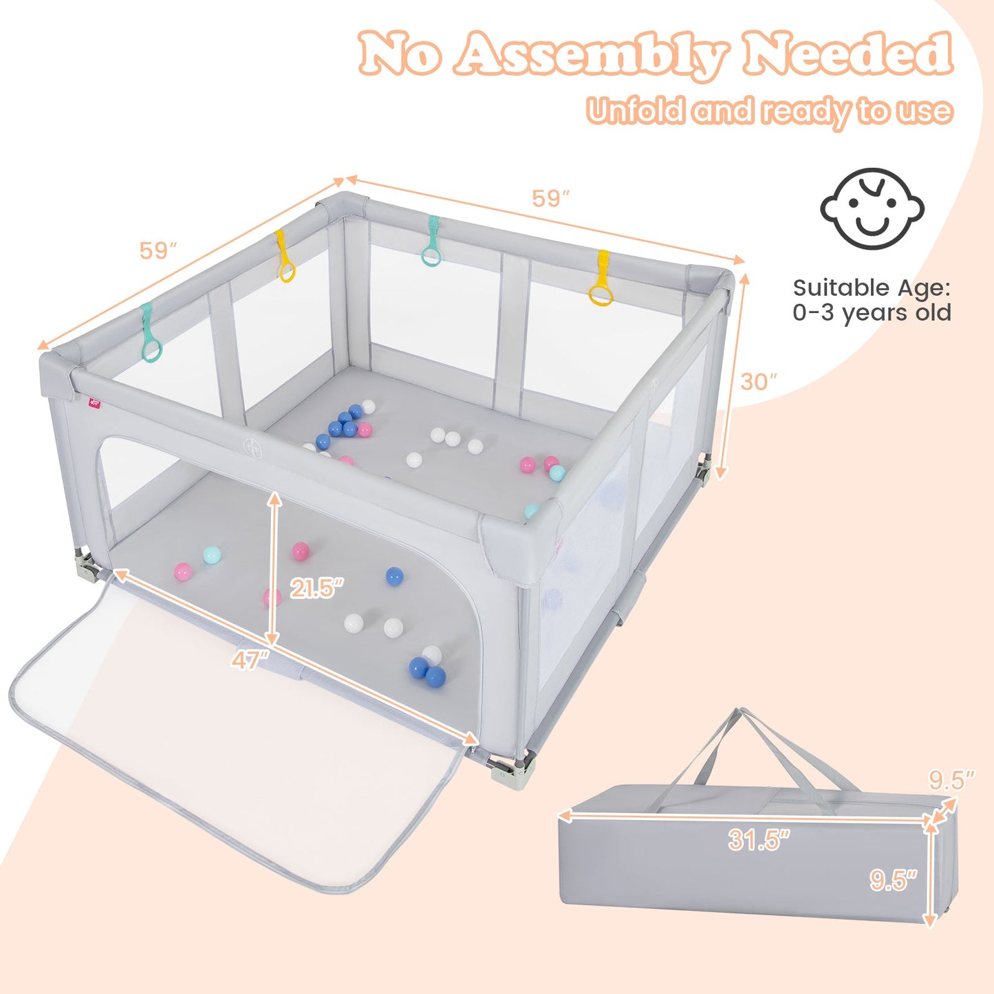 Large Baby Playpen BPA-Free Foldable Toddlers Safety Fence Play Yard with Zipper Gate-S