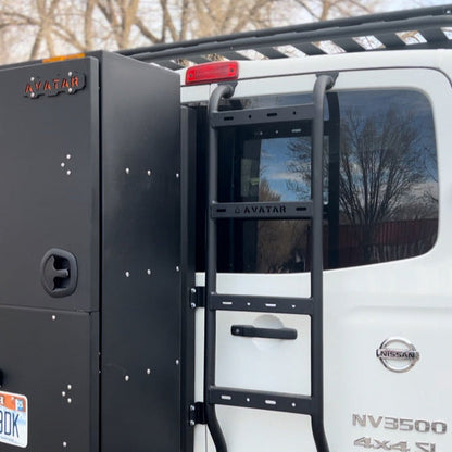 Avatar NV3500 Rear Ladder on white Nissan NV3500 van; black steel ladder with side rails and rungs on Tampa Home & Garden Store