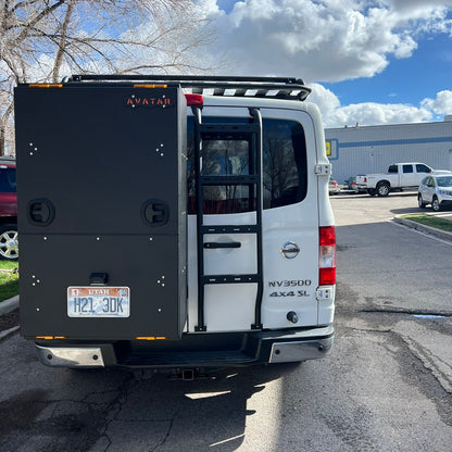 Avatar NV3500 Rear Ladder on van; black metal ladder rack and storage box on Tampa Home & Garden Store