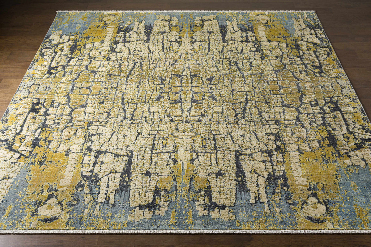 Latour Carpet Rug by Boutique Rugs in blue gray with mustard cream crackle pattern, fringe ends on Tampa Home & Garden Store
