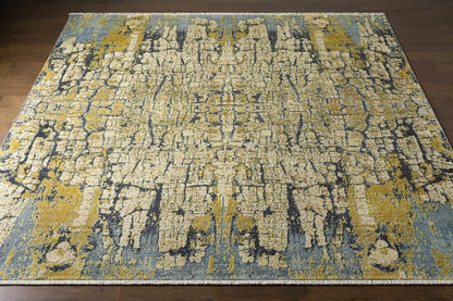 Latour Carpet Rug by Boutique Rugs in blue gray with mustard cream crackle pattern, fringe ends on Tampa Home & Garden Store