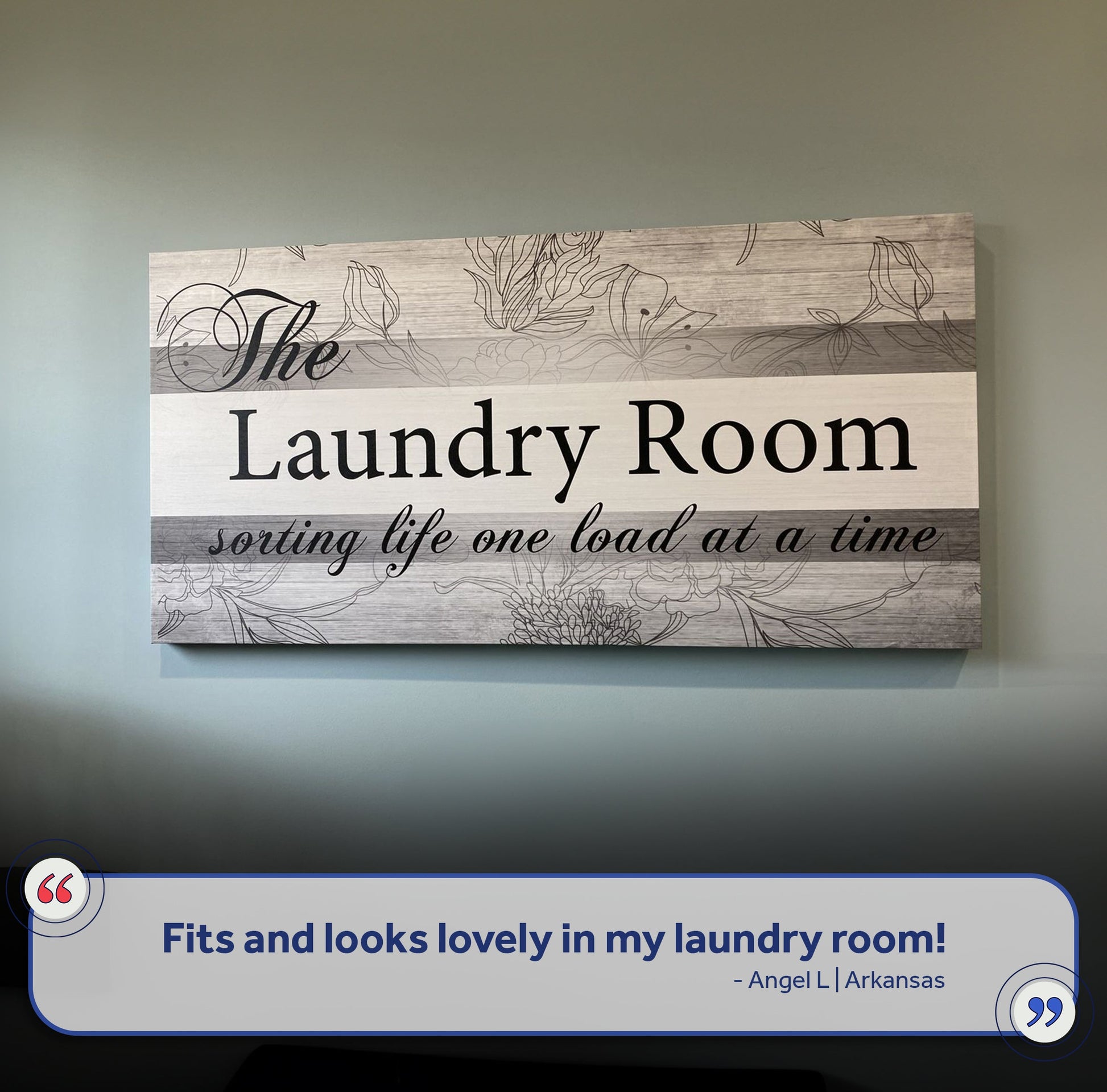 Laundry Room sign canvas by Tailored Canvases; wood-look panel with floral line art and bold Laundry Room text on Tampa Home & Garden Store
