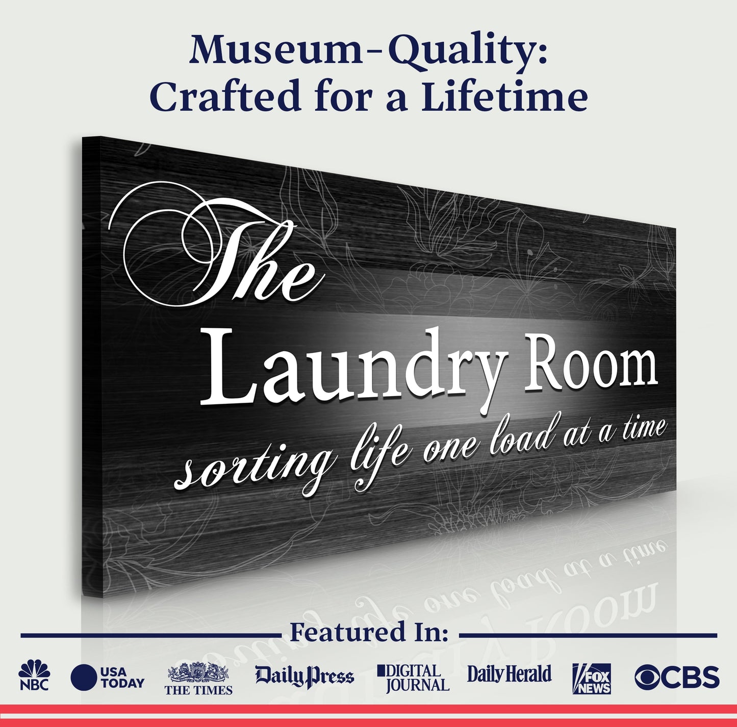 Canvas The Laundry Room Sign II Tailored Canvases, black wood-grain with white script on Tampa Home & Garden Store