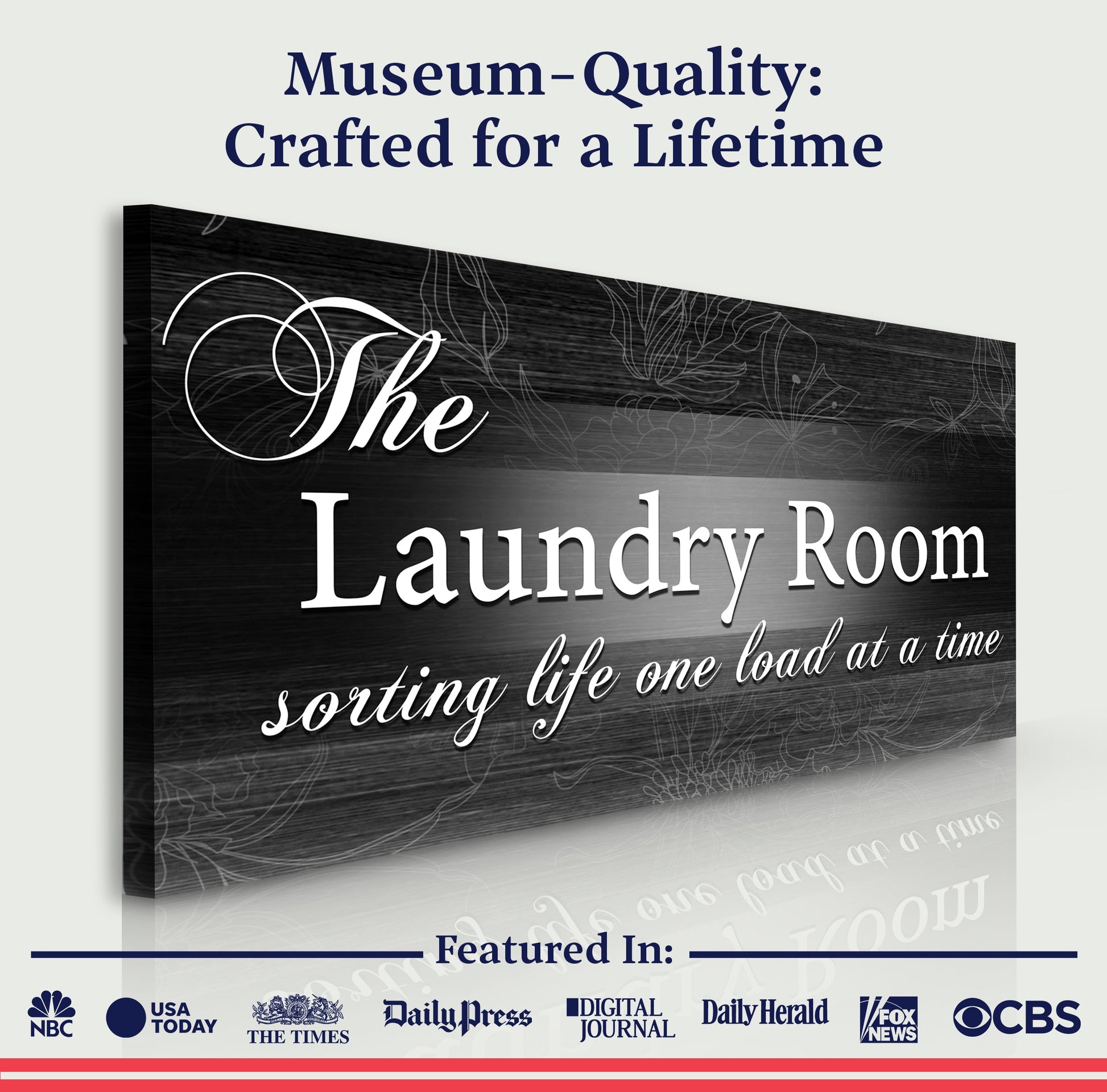 Canvas The Laundry Room Sign II Tailored Canvases, black wood-grain with white script on Tampa Home & Garden Store