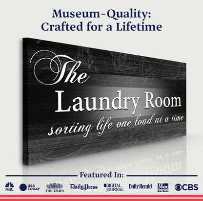 Canvas The Laundry Room Sign II Tailored Canvases, black wood-grain with white script on Tampa Home & Garden Store