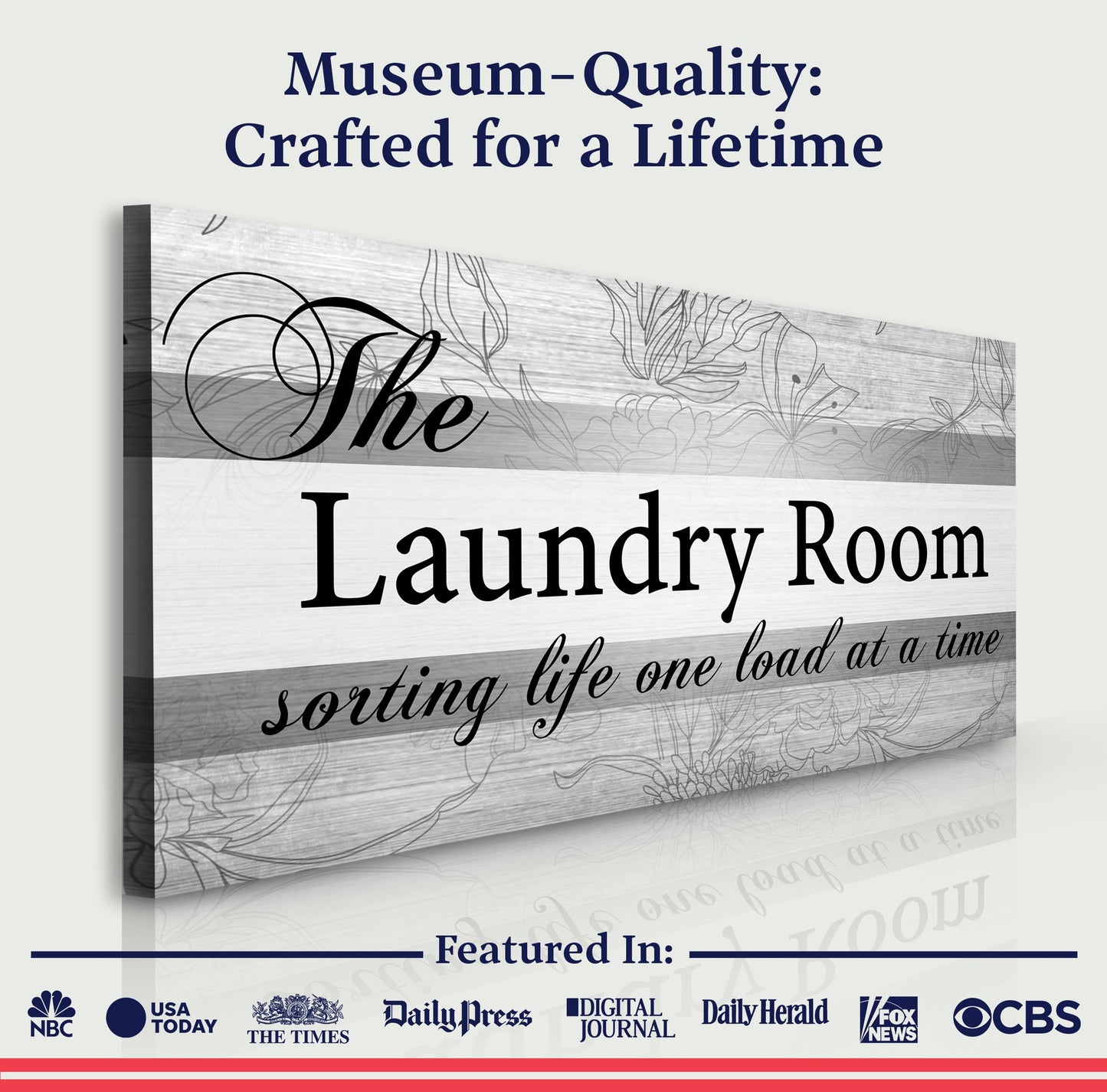 The Laundry Room Sign canvas by Tailored Canvases, rustic wood panel with black script lettering on Tampa Home & Garden Store