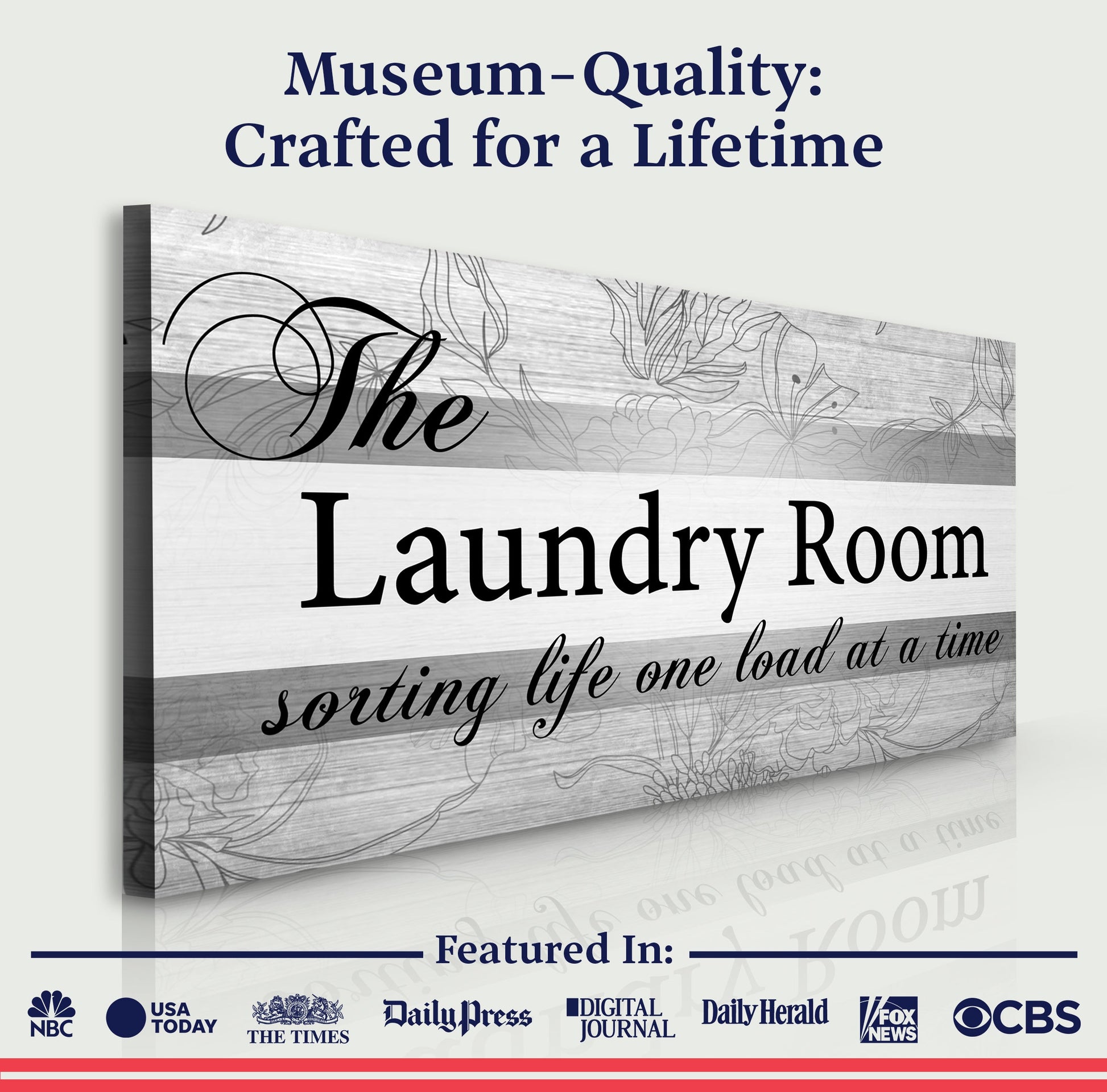 The Laundry Room Sign canvas by Tailored Canvases, rustic wood panel with black script lettering on Tampa Home & Garden Store