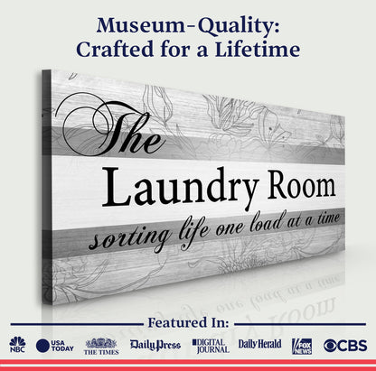 The Laundry Room Sign canvas by Tailored Canvases, rustic wood panel with black script lettering on Tampa Home & Garden Store