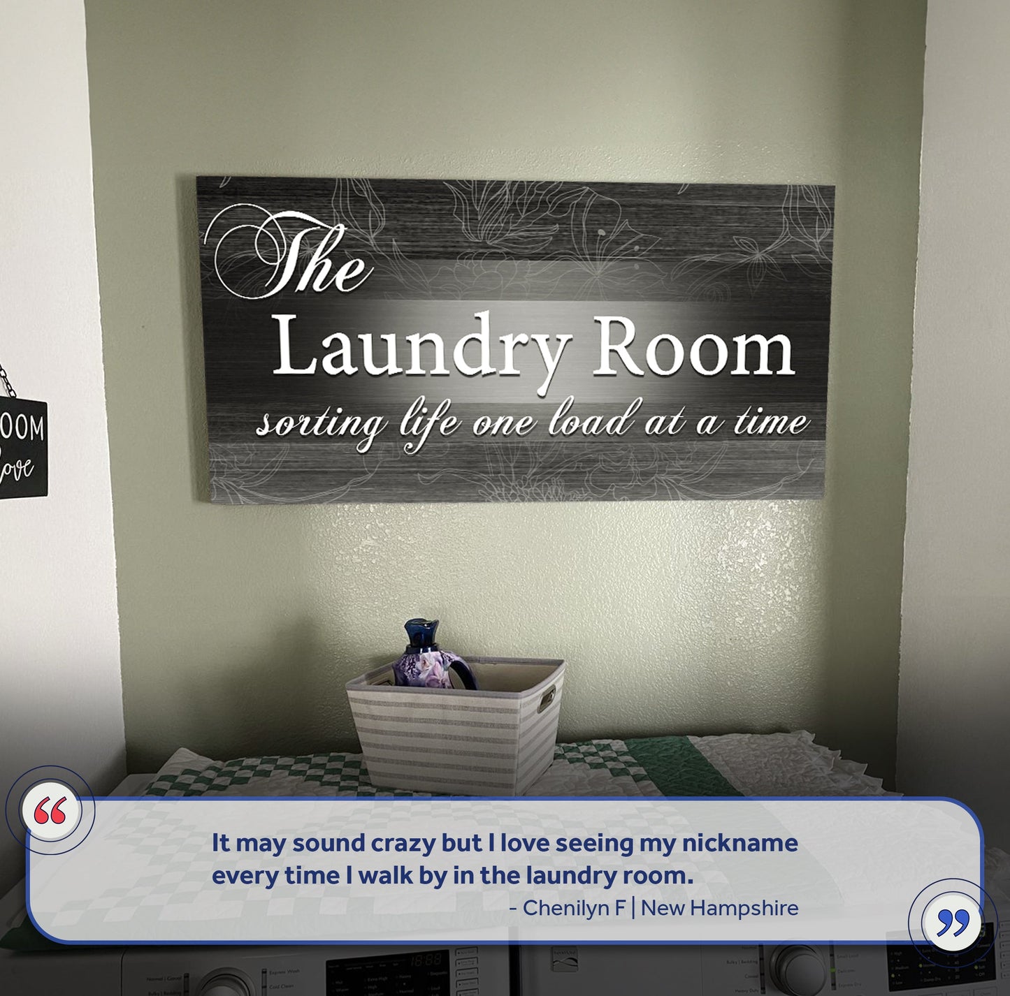 The Laundry Room Sign II canvas by Tailored Canvases on dark wood grain background on Tampa Home & Garden Store
