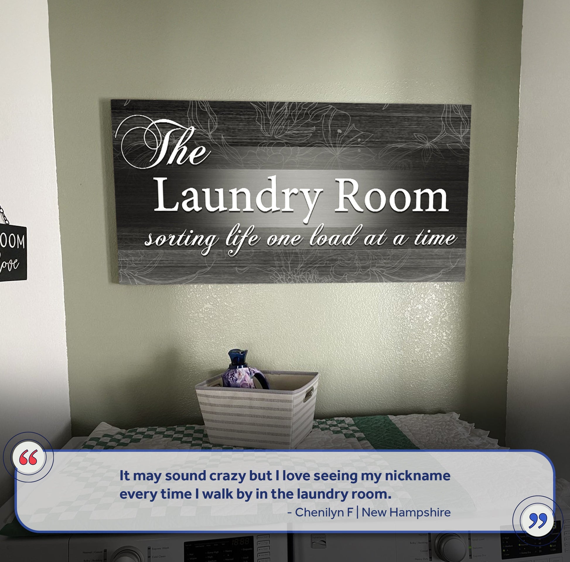 The Laundry Room Sign II canvas by Tailored Canvases on dark wood grain background on Tampa Home & Garden Store
