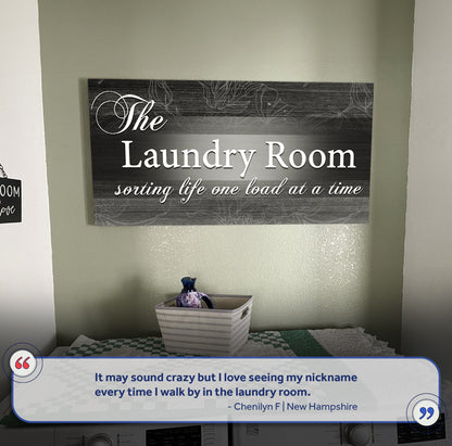 The Laundry Room Sign II canvas by Tailored Canvases on dark wood grain background on Tampa Home & Garden Store