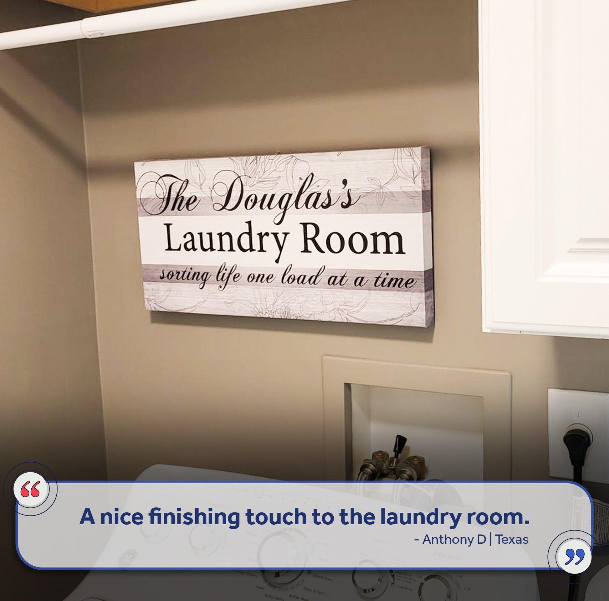 Canvas sign The Douglas's Laundry Room with pale wood background and black script Tailored Canvases crafting canvas on Tampa Home & Garden Store