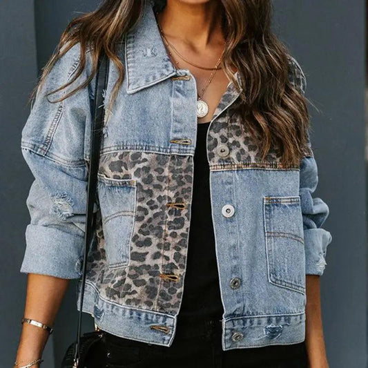 Denim trucker jacket with leopard print panels, Stevvex brand, long sleeves, lapel collar on Tampa Home & Garden Store
