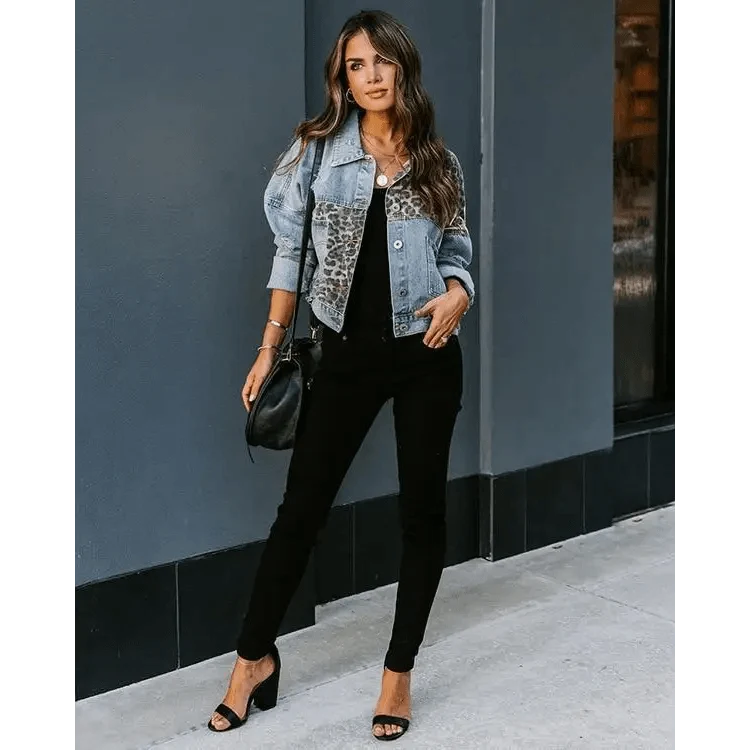 Stevvex leopard print stitched denim trucker jacket, light-wash short style for women on Tampa Home & Garden Store