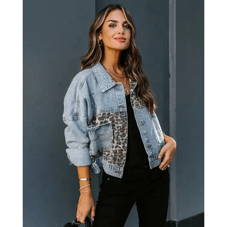 Stevvex Lavish Style denim trucker jacket with leopard print patch panels long sleeves on Tampa Home & Garden Store