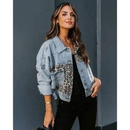 Stevvex Lavish Style denim trucker jacket with leopard print patch panels long sleeves on Tampa Home & Garden Store