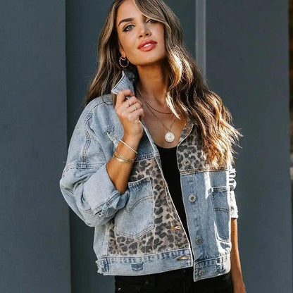 Leopard print denim trucker jacket with lapel, oversized short fit for women on Tampa Home & Garden Store