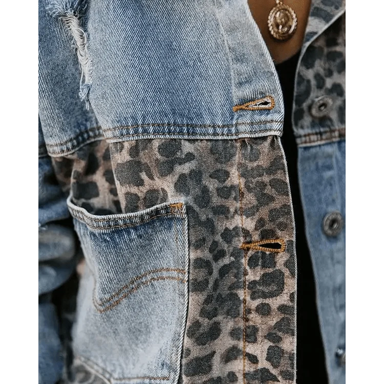 Denim trucker jacket with leopard print panel by Stevvex, blue denim, contrast stitching on Tampa Home & Garden Store