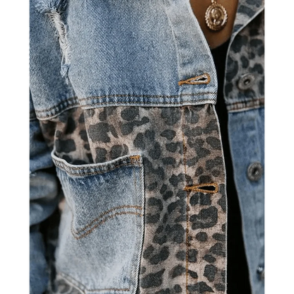 Denim trucker jacket with leopard print panel by Stevvex, blue denim, contrast stitching on Tampa Home & Garden Store
