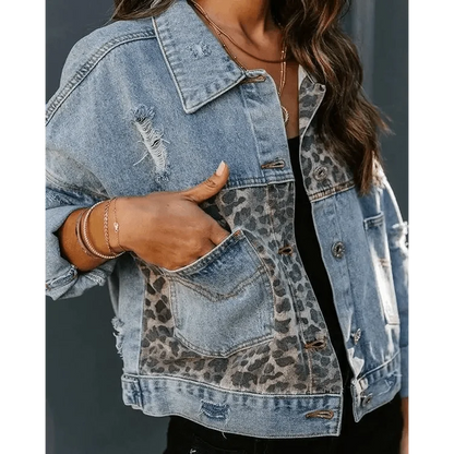 Denim trucker jacket with leopard print panel by Stevvex, distressed details on Tampa Home & Garden Store
