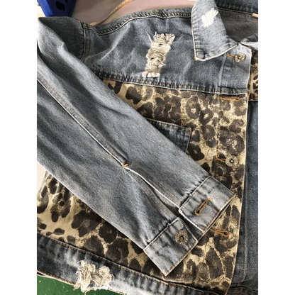 Leopard print denim trucker jacket with distressed patches and long sleeves on Tampa Home & Garden Store